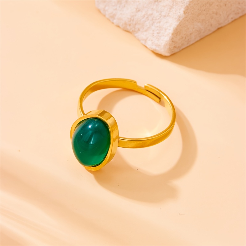 Green Gemstone Stainless Steel Ring - Versatile Women's Jewelry